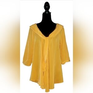 Boho 100% Silk Minimalist Lagenlook Yellow Babydoll Tie Front Popover Medium Top